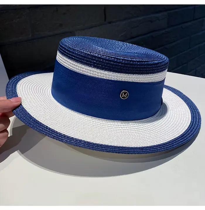 Chapeau de paille rétro britannique color-block pour femme