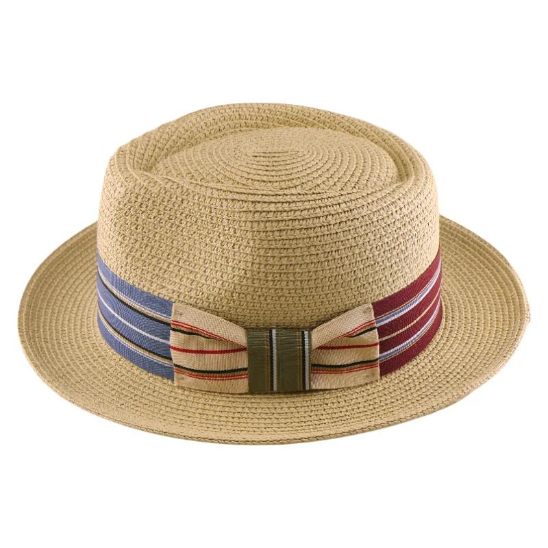 S/S Nouveau chapeau de paille Fedora avec large bande rayée, chapeau de soleil tissé pour hommes et