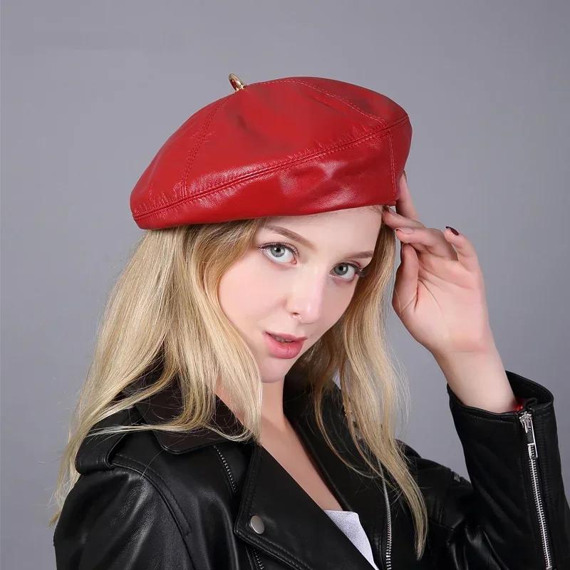 Chapeau béret en cuir véritable pour femme, casquette de peintre de citrouille européenne, couleur a