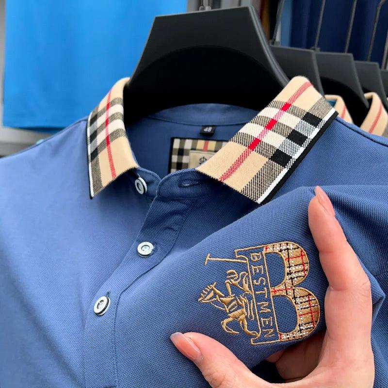 Marque de luxe à manches courtes hommes polo été haut de gamme mode plaid broderie revers t-shirt st