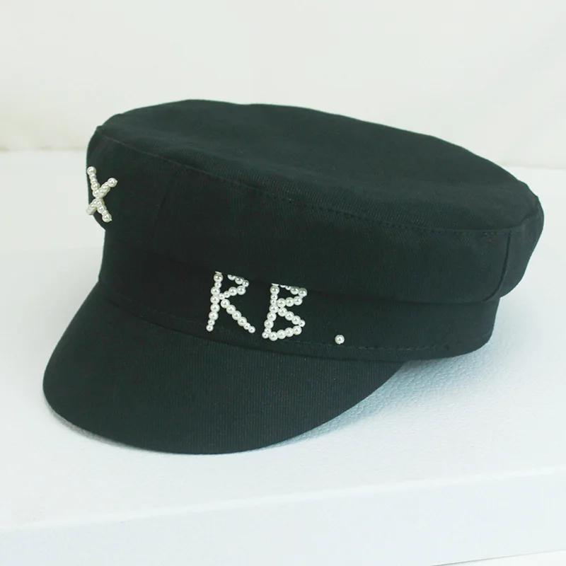 Casquette Gavroche Femme en Coton avec Lettres RB et Perles, Style Militaire, Mode Streetwear, Bleu