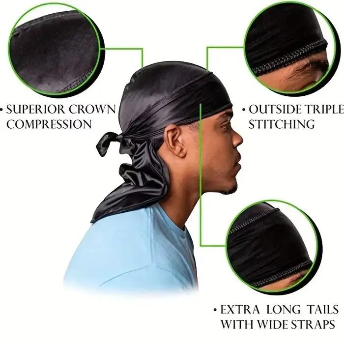 Durag en soie pour hommes blanc noir bandana ondulations look unique mode four seasons extérieur garde-robe polyvalent style confort