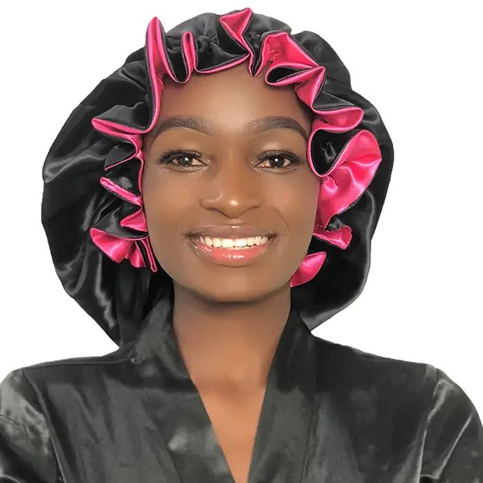 Bonnet de nuit en satin à double couche avec bordure lacée, couleurs assorties, 1 pièce