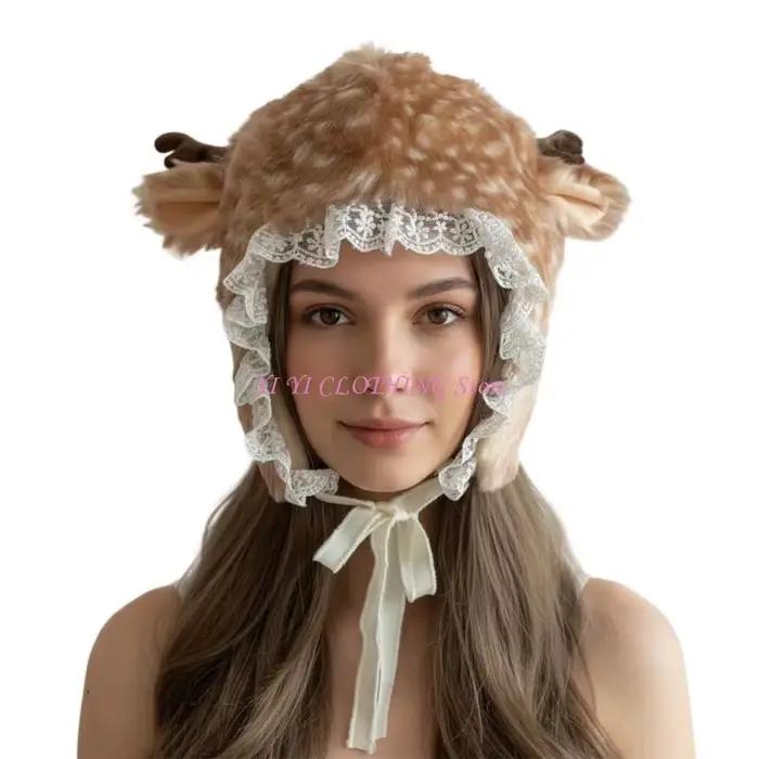 Chapeau trappeur d'élan dessin animé en cuir pour filles et garçons, chapeau de ski avec oreille de dessin animé pour activités hivernales et cosplay