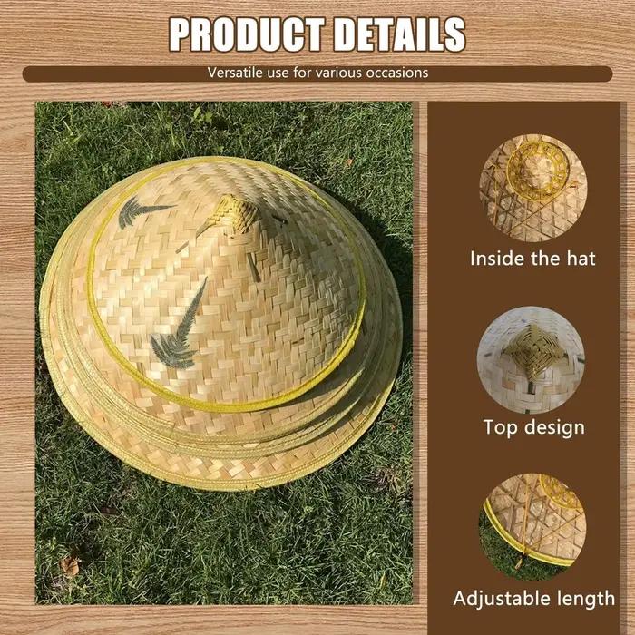 Chapeau de pêcheur rétro chinois en bambou et rotin, chapeau en rotin fait main, chapeau de paille élégant avec sangle de menton réglable, chapeau conique imperméable