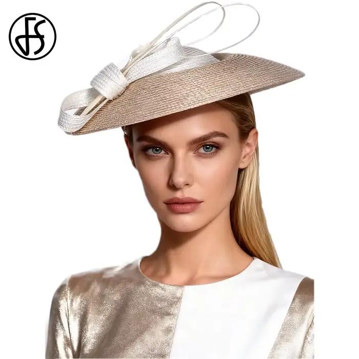 Fascinator FS en Paille à Large Bord Élégant Blanc Kaki pour Femmes Occasions Formelles Été Hiver Église Kentucky Derby