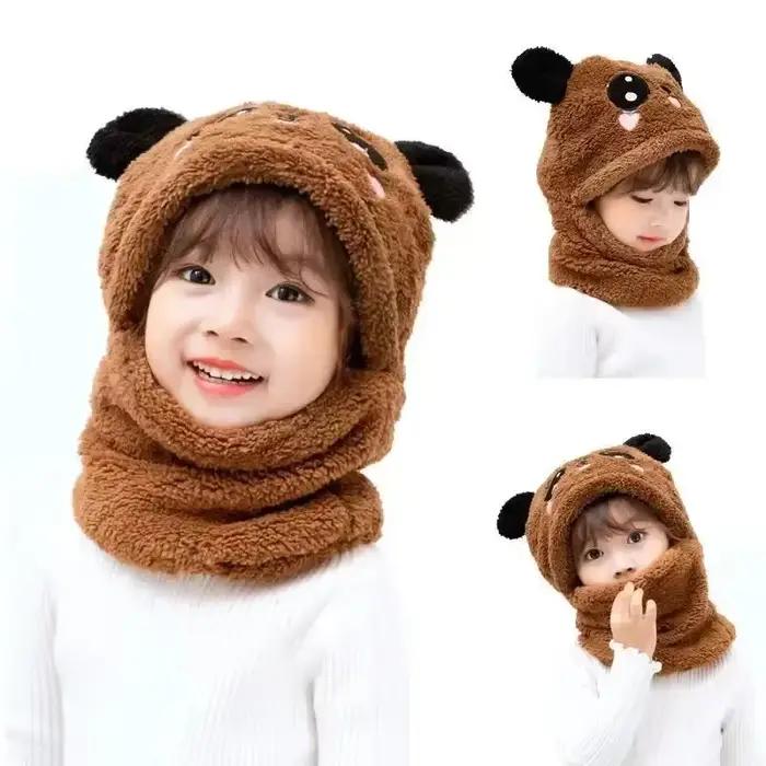 Chapeau de dessin animé pour filles et garçons, écharpe, bonnet épais, chapeau d'hiver pour enfants,