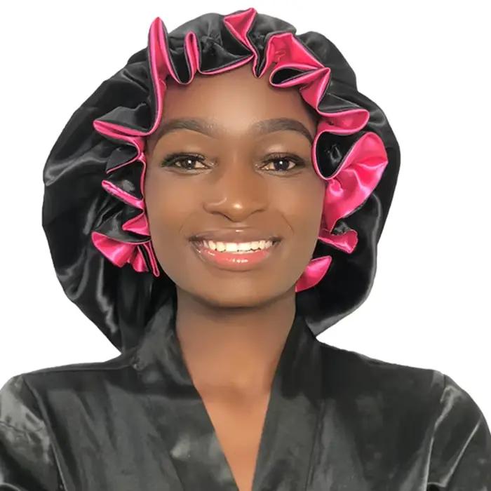 Bonnet de nuit en satin à double couche avec bordure lacée, couleurs assorties, 1 pièce