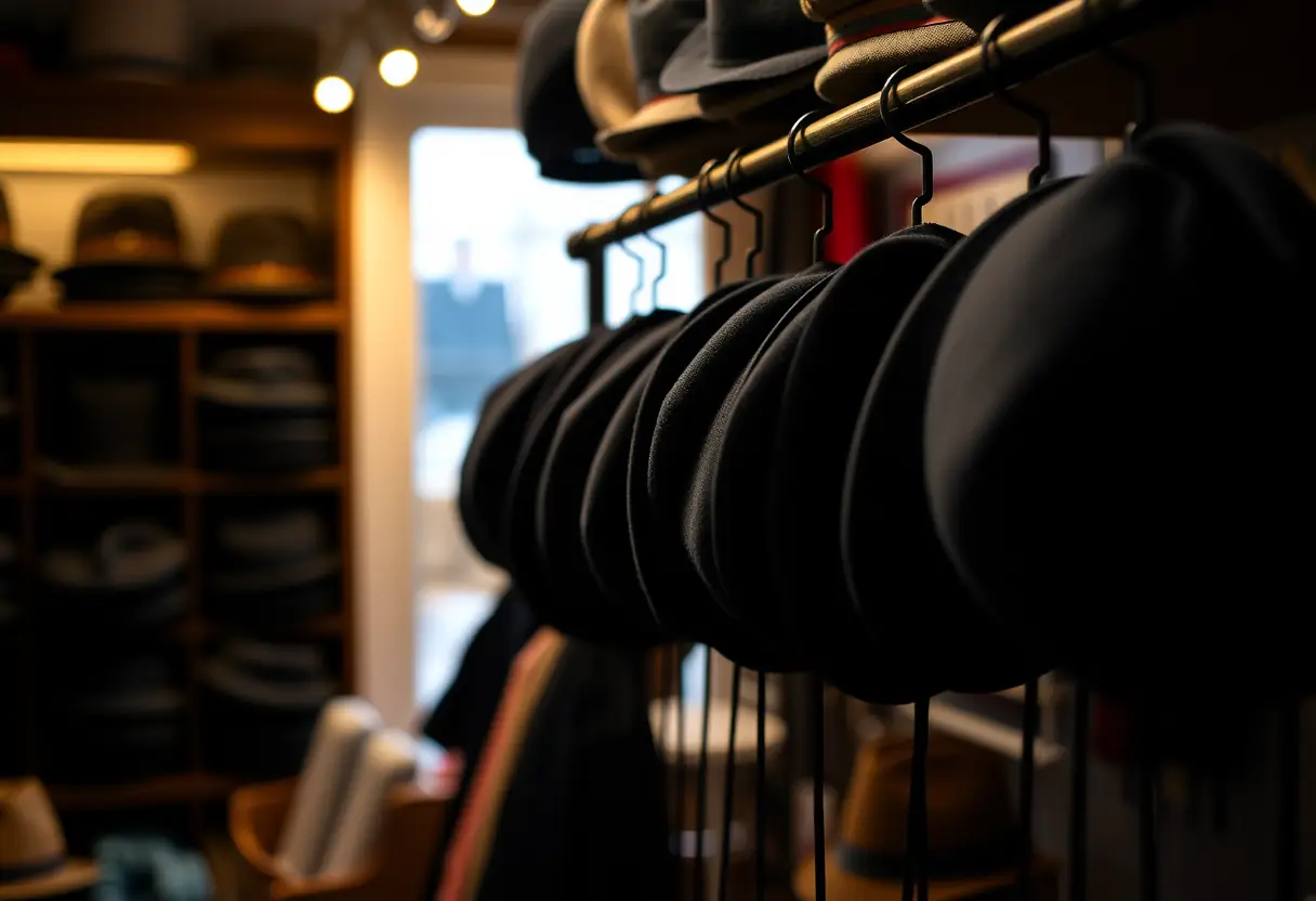 Rangée de chapeaux en laine noire pliés soigneusement accrochés sur un porte-chapeaux dans un magasin de chapeaux chaleureusement éclairé, lumière naturelle
