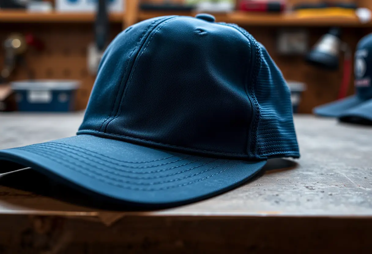 Une fermeture éclair argentée sur une casquette trucker bleu foncé