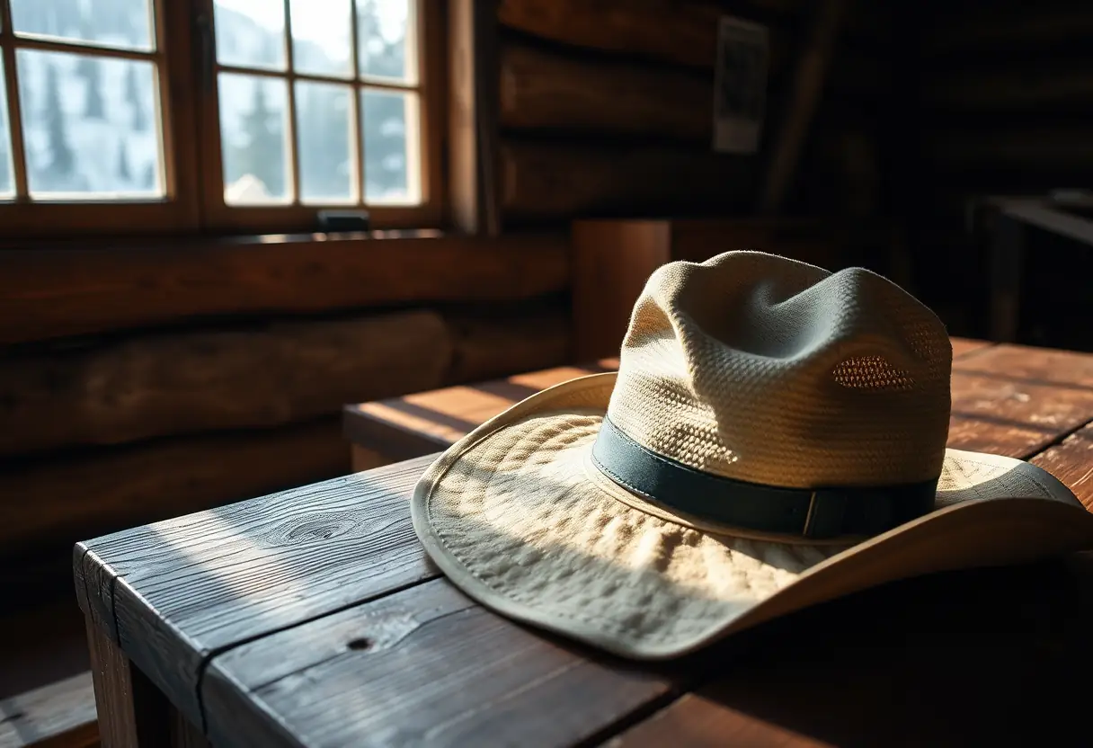 Un chapeau alpin posé sur une table rustique dans une cabane de montagne