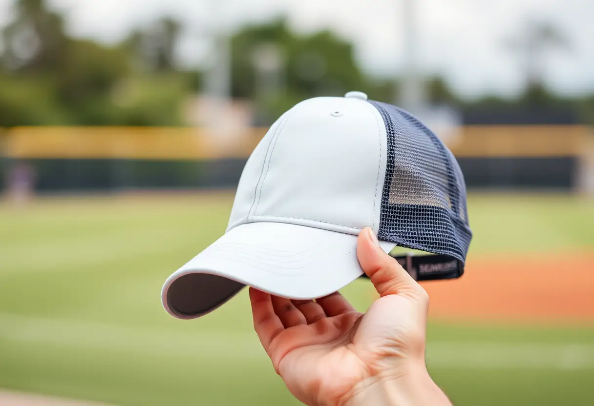 Une main tenant un chapeau de baseball sur un terrain de base-ball