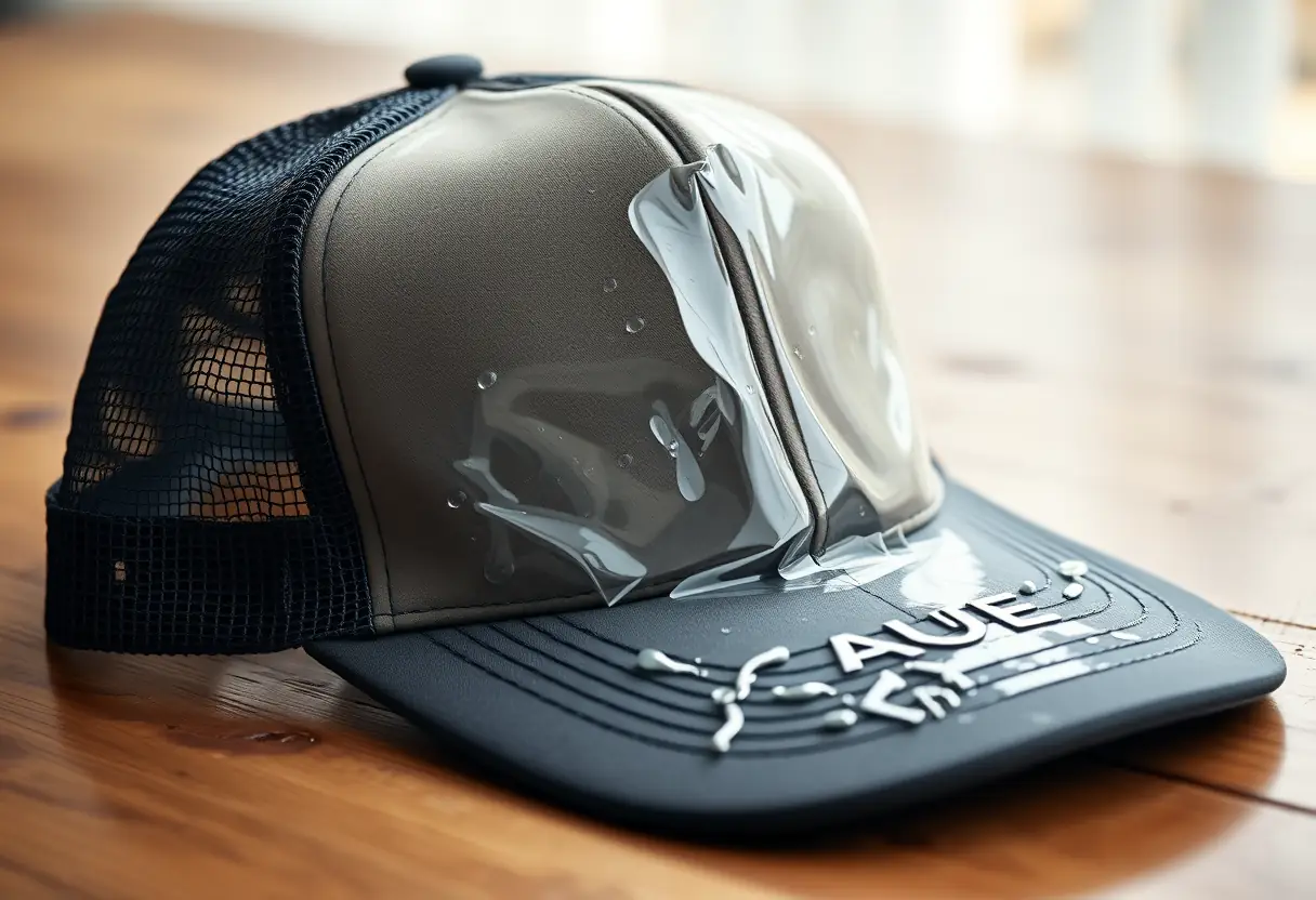 Vue rapprochée d'une couronne en plastique imperméable d'une casquette trucker sur une table en bois