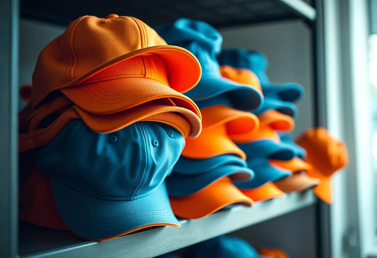 Stacks de chapeaux de baseball NY Yankees sur une étagère dans une pièce sombre