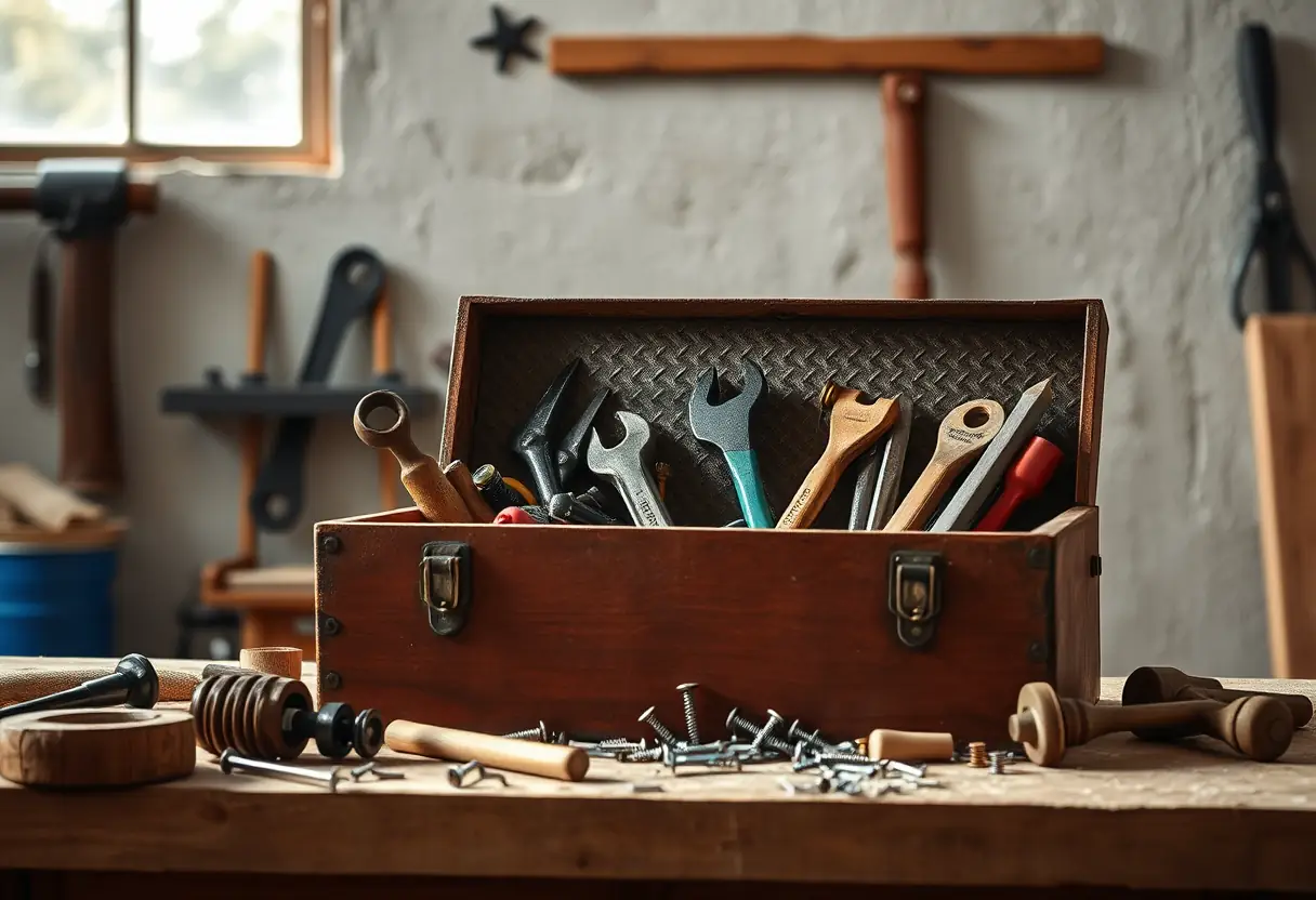 Boîte à outils de charpentier sur un plan de travail rempli d'outils manuels, de clous et de vis