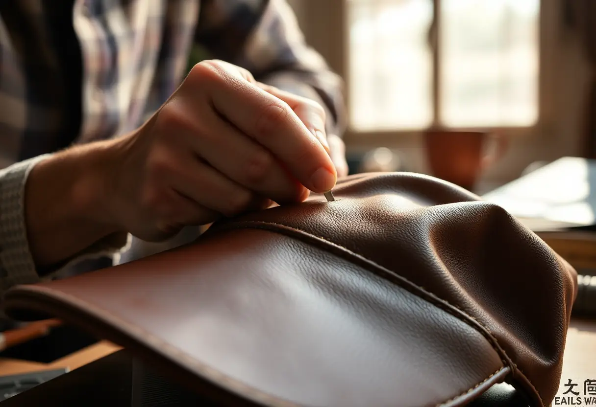 Main d'un artisan en train de coudre un chapeau en cuir
