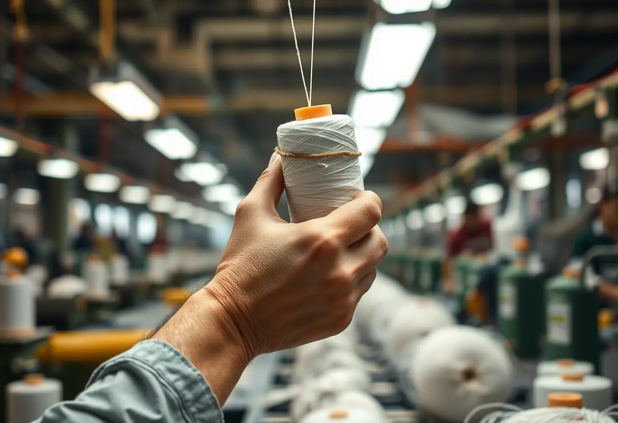 Une main d'ouvrière dans une usine textile travaillant sur un chapeau filet