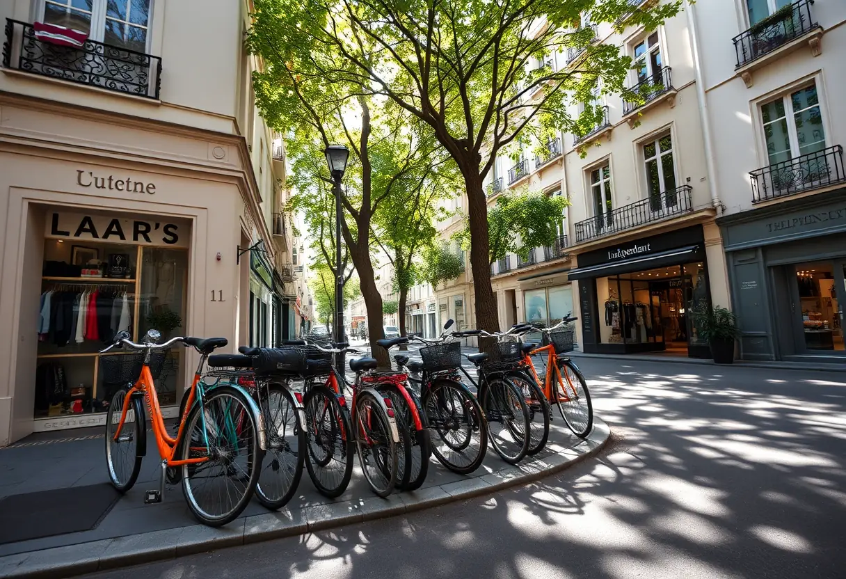 Un coin de rue parisien avec des vélos et une boutique de vêtements