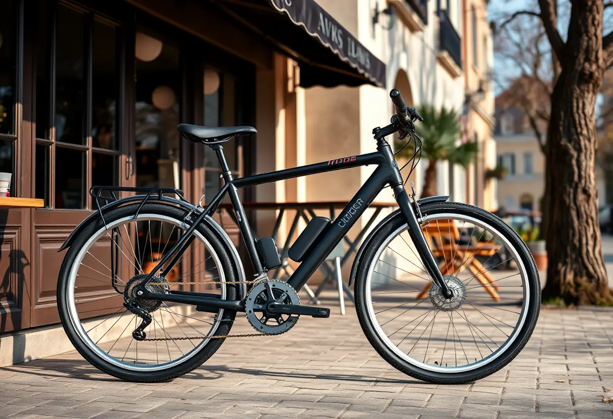 Vélo moderne garé devant un café charmant sous la lumière du soleil