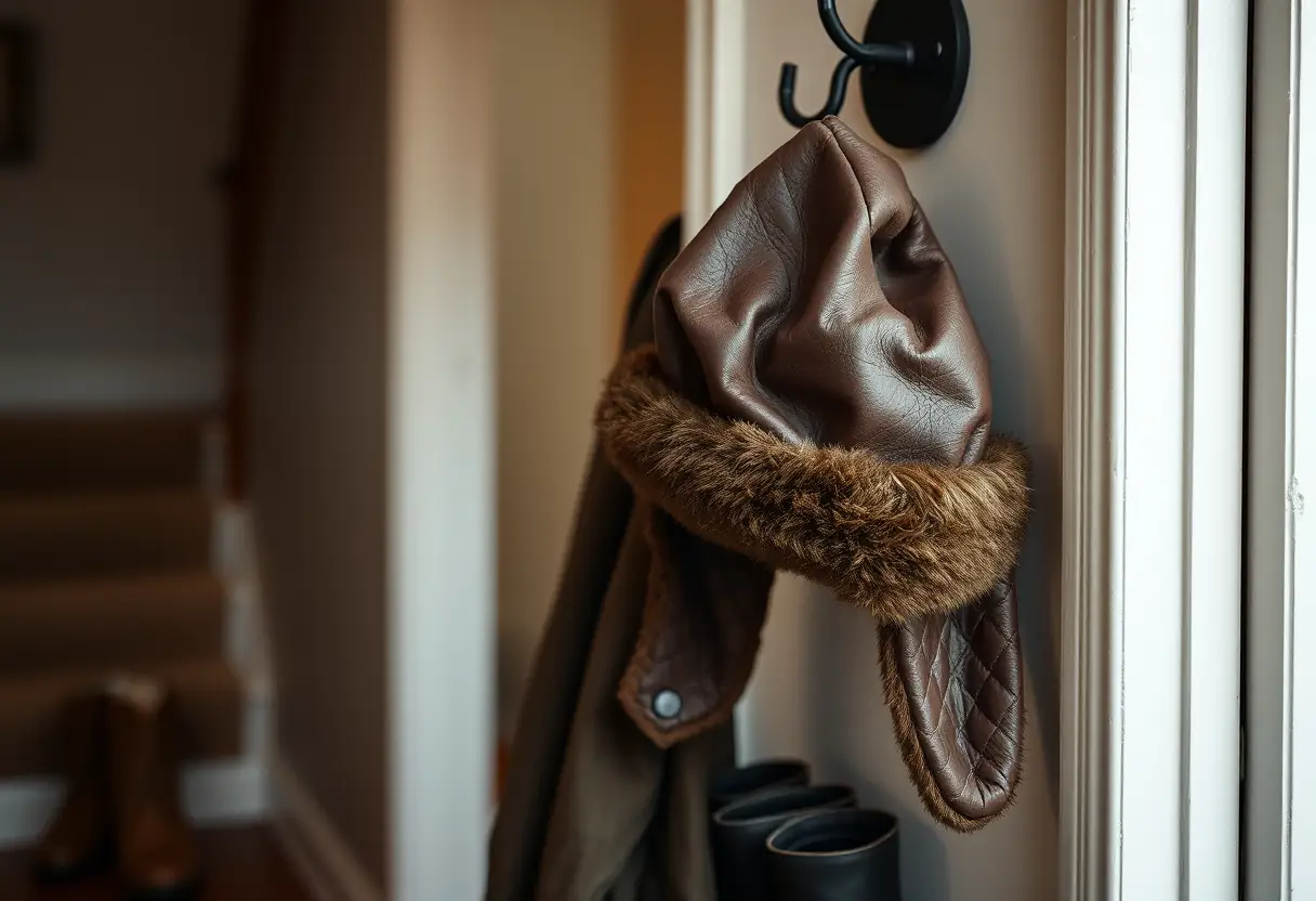 Chapeau d'hiver en cuir accroché dans une entrée, lumière chaude naturelle, aux côtés de bottes, éclairé naturellement