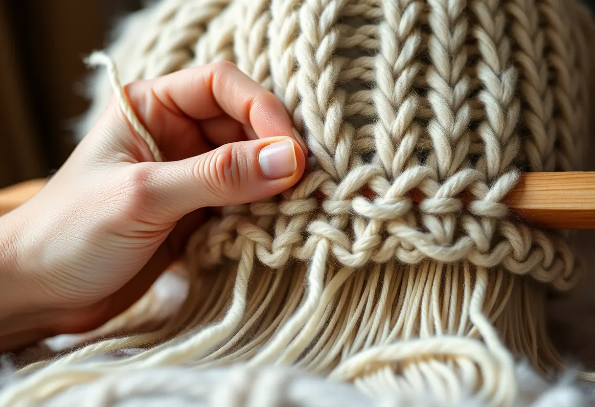 Une main qui tisse un chapeau avec des fils de laine polaire, les fibres entrelacées soigneusement sur une machine à tisser en bois