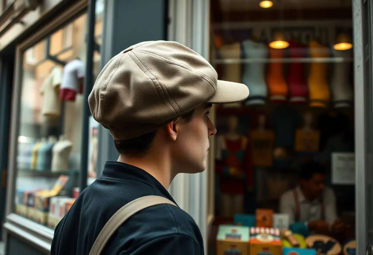 Un silhouette passant devant une vitrine avec une casquette gavroche