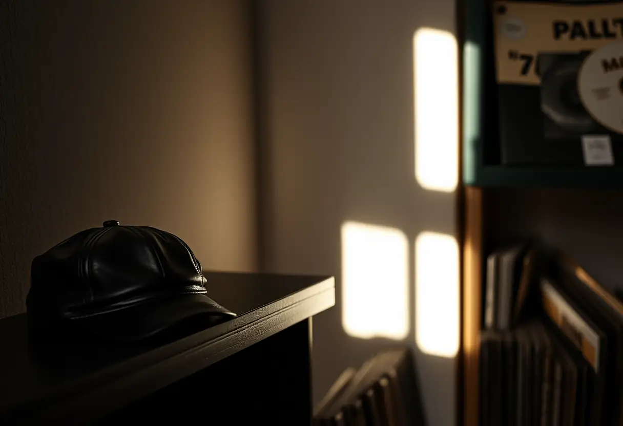 Une casquette noire en cuir dans un coin d'un studio musical, avec des vinyles autour