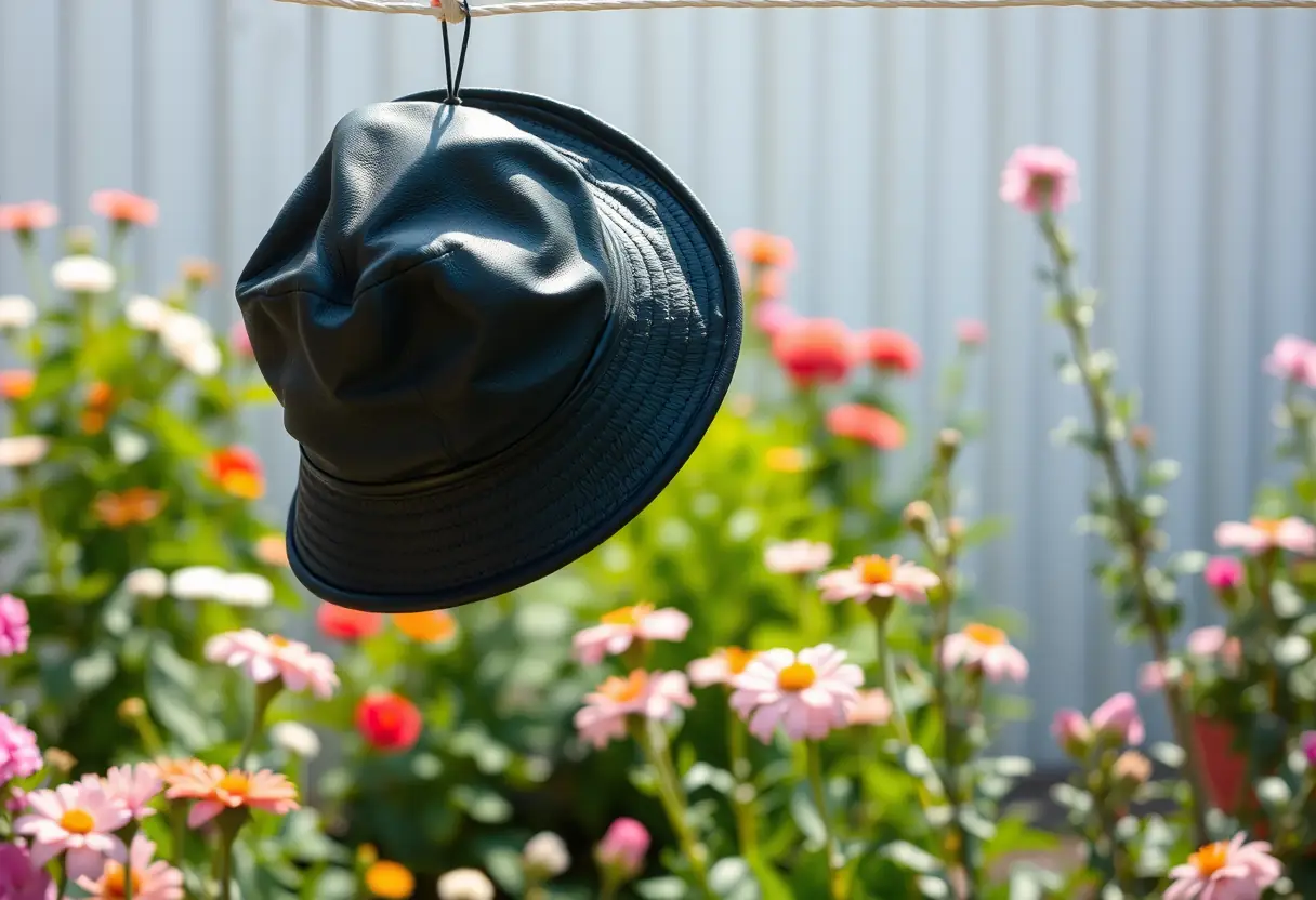 Chapeau de cuir noir pendu dans un jardin derrière une maison