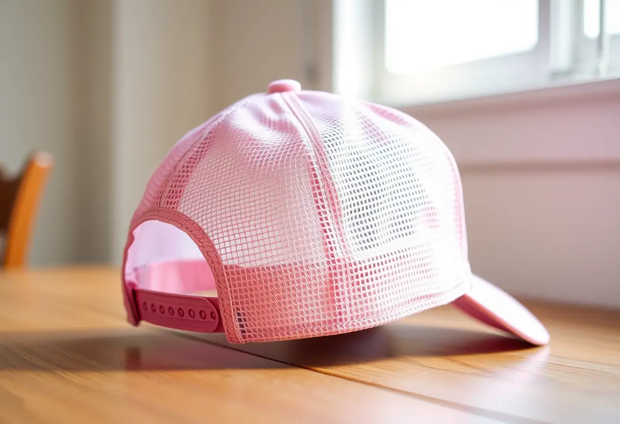 Un casque rose en coton posé sur une table avec sa partie arrière en maille visible