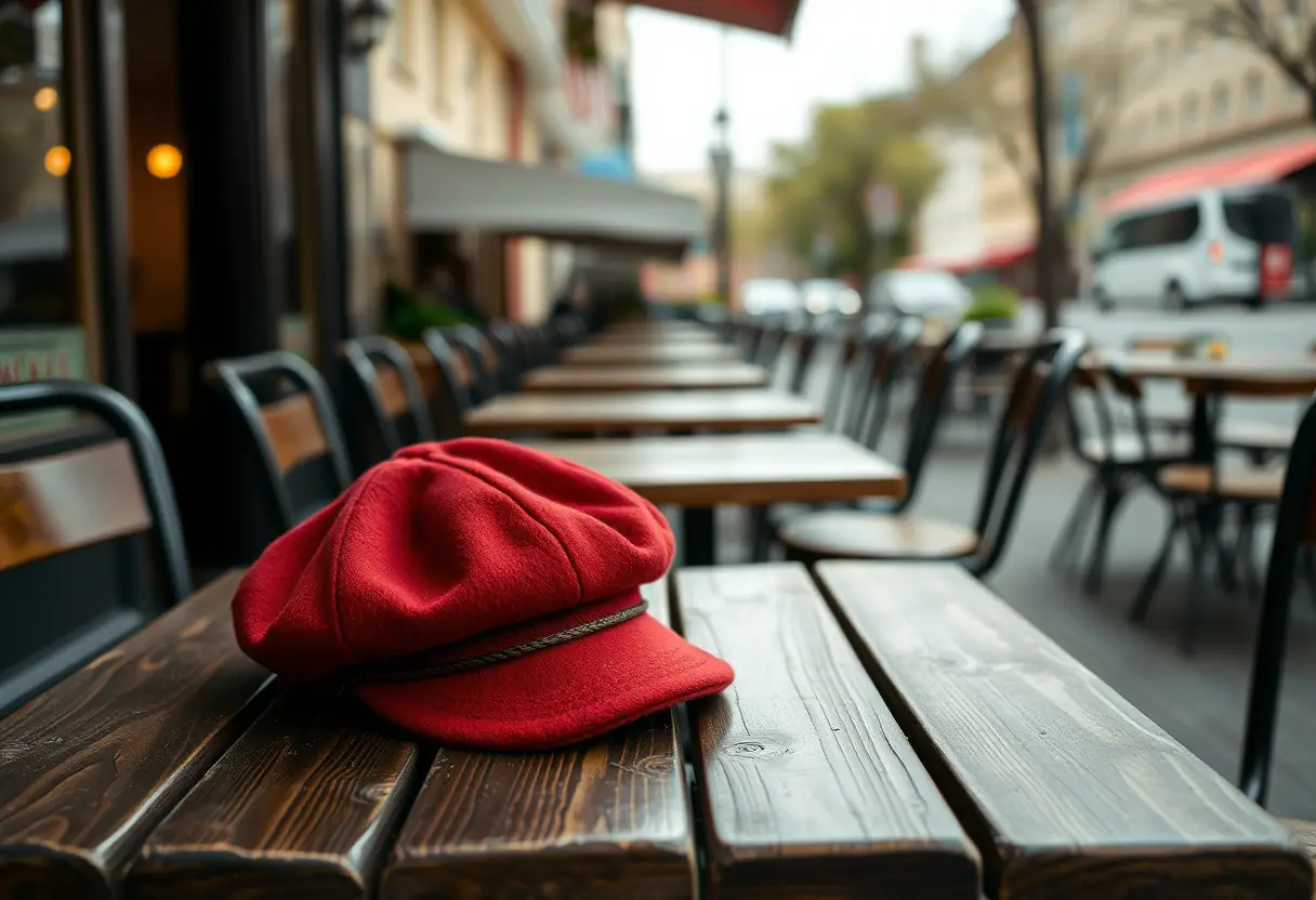 Red woolen cap on a café table, illustration for the article on red caps
