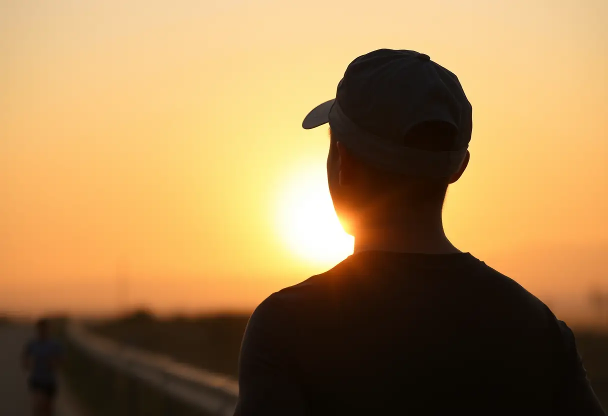 Un coureur silhouetté au lever du soleil avec sa casquette en nylon ajustée