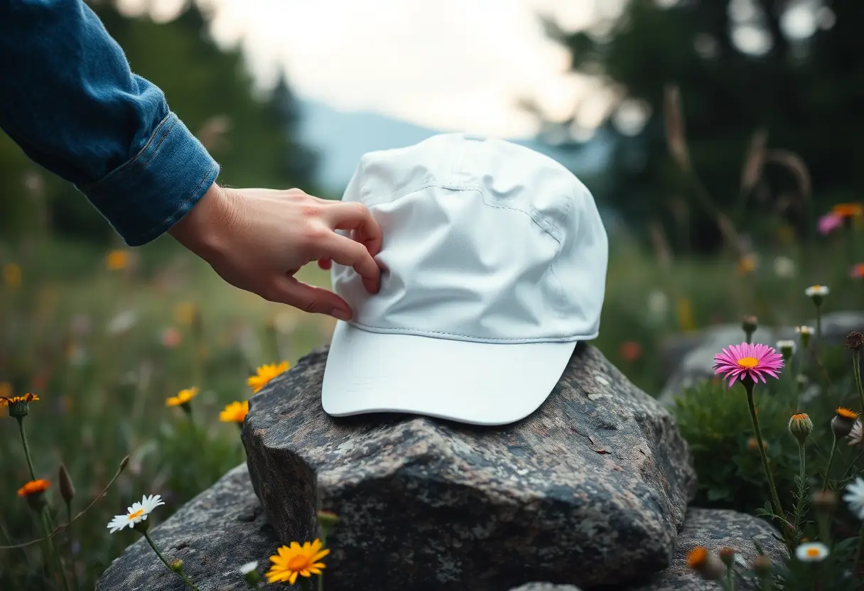 Une main ajustant une casquette en coton biologique posée sur un rocher entouré de fleurs sauvages