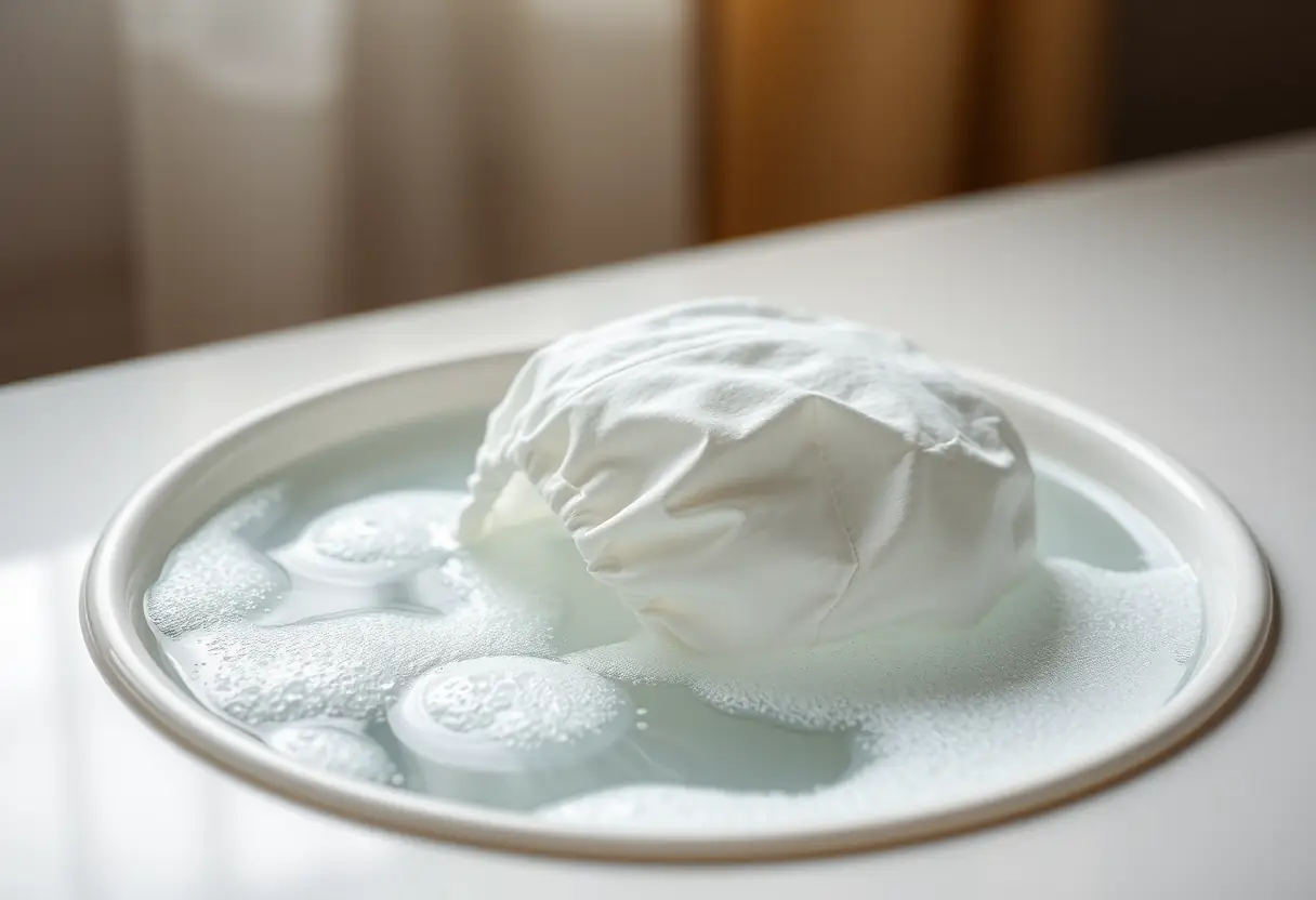Un chapeau en coton posé sur une table, partiellement plongé dans un récipient d'eau chaude avec des bulles de lessive douce