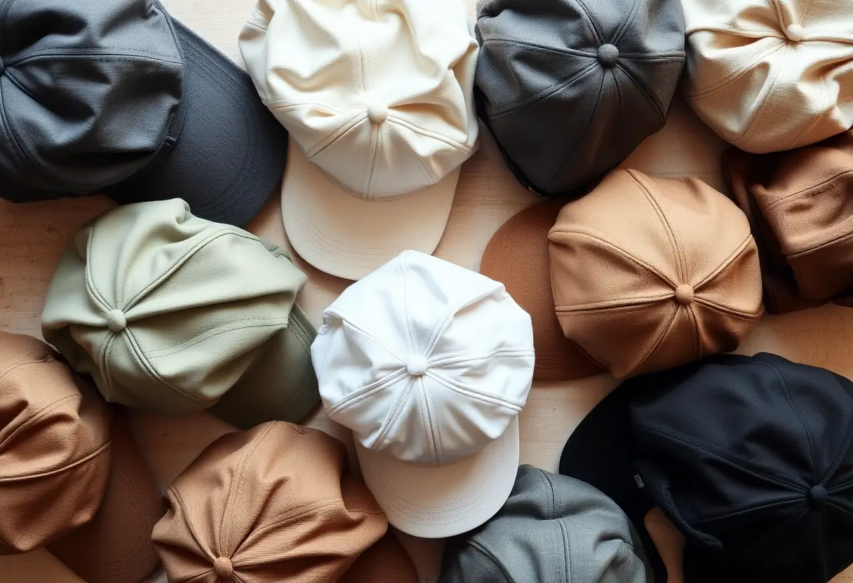 Vue d'ensemble de plusieurs chapeaux posés sur une table, matières variées, lumière naturelle mettant en valeur les textures