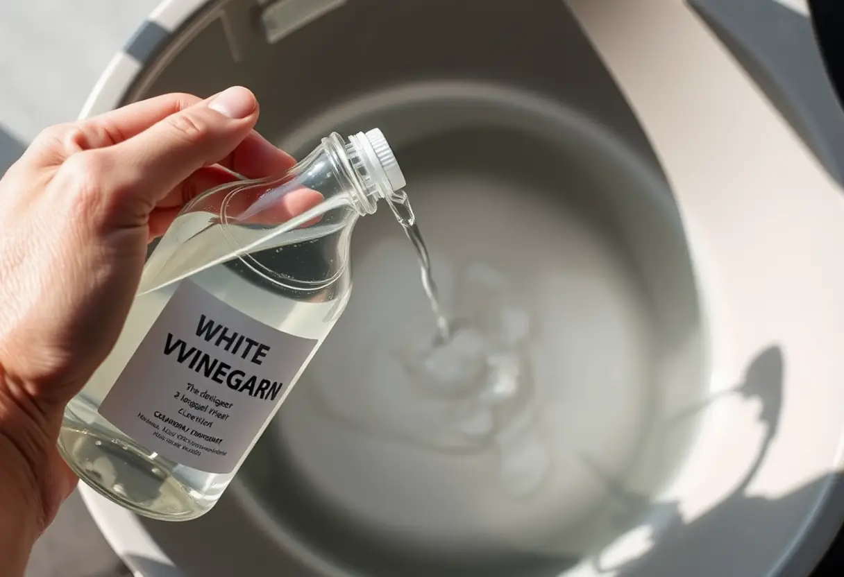Une main verse du vinaigre blanc dans un bol contenant un mélange de détergent