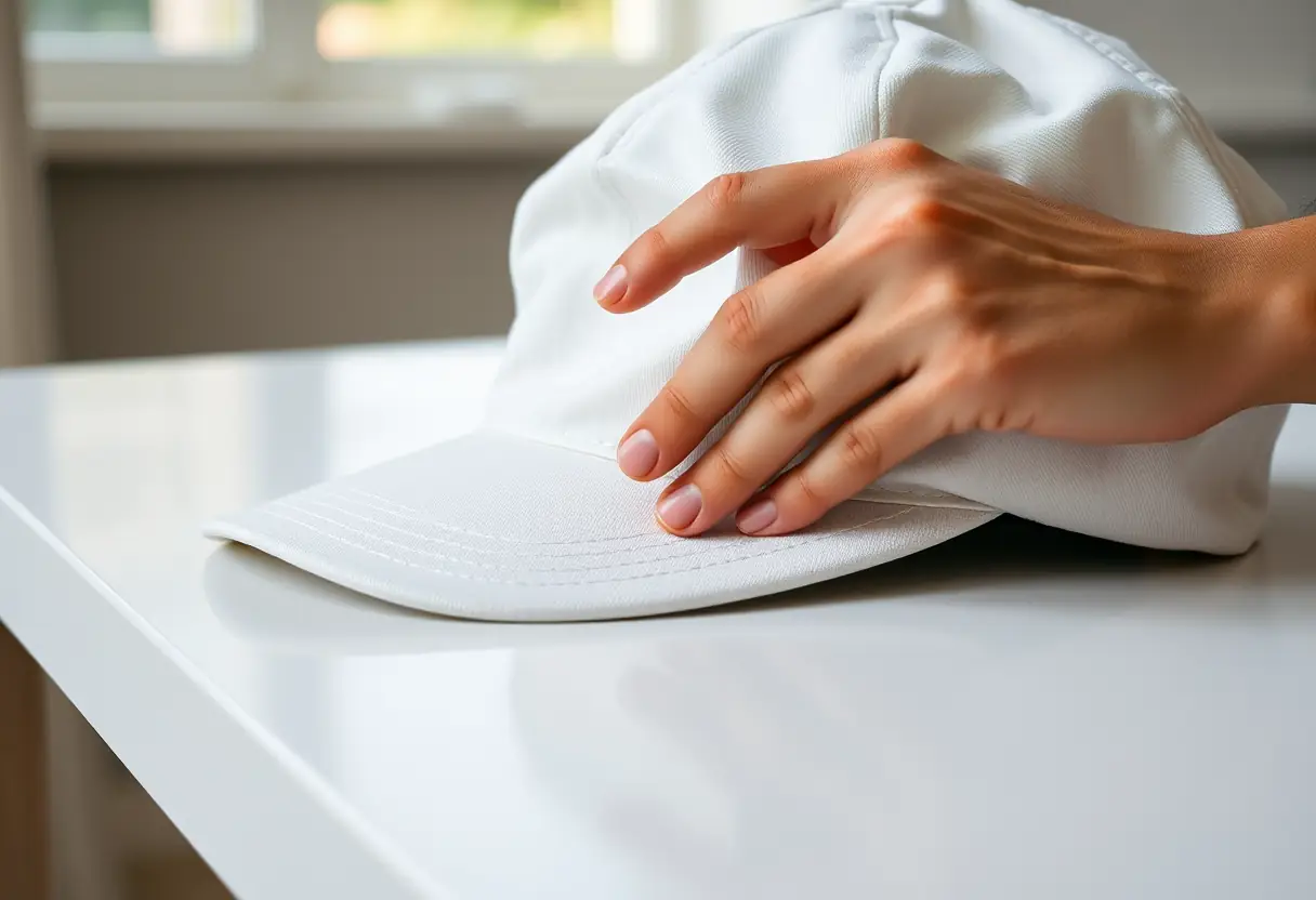 Main qui plie soigneusement une casquette en coton
